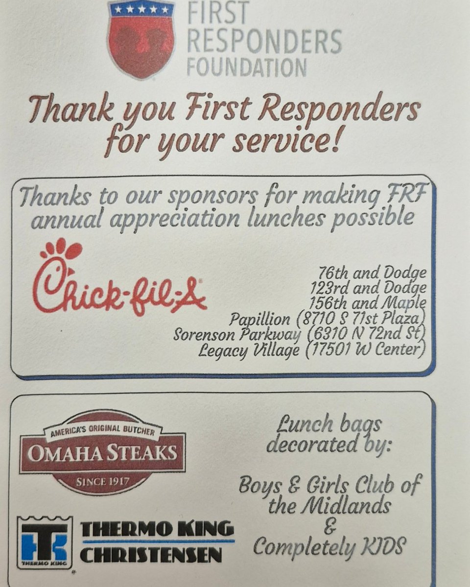 DCSheriffNE's tweet photo. Thank you to First Responders Foundation for bringing by lunch for Deputies today. We greatly appreciate your support! https://t.co/2Ubt1Awaao
