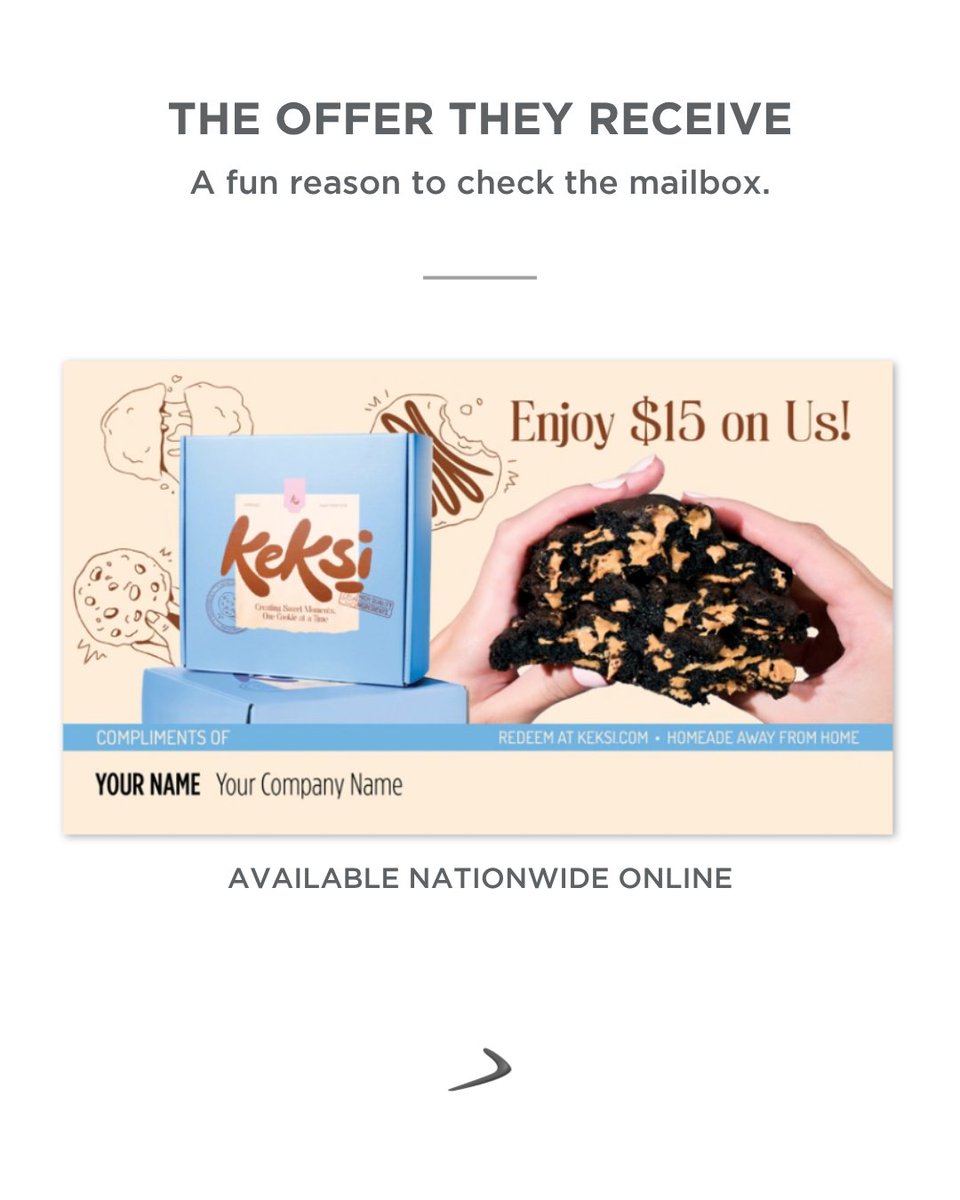 boomerangdm's tweet photo. $15 off Keksi Cookie Company, available nationwide. Send it to clients, prospects or employees on a postcard branded for YOUR business. Physical mail, online redemption, no local-market limitation. Sign up by Oct. 20: https://t.co/23ZAcbm8nB #DirectMail https://t.co/0JGhKrRlLy