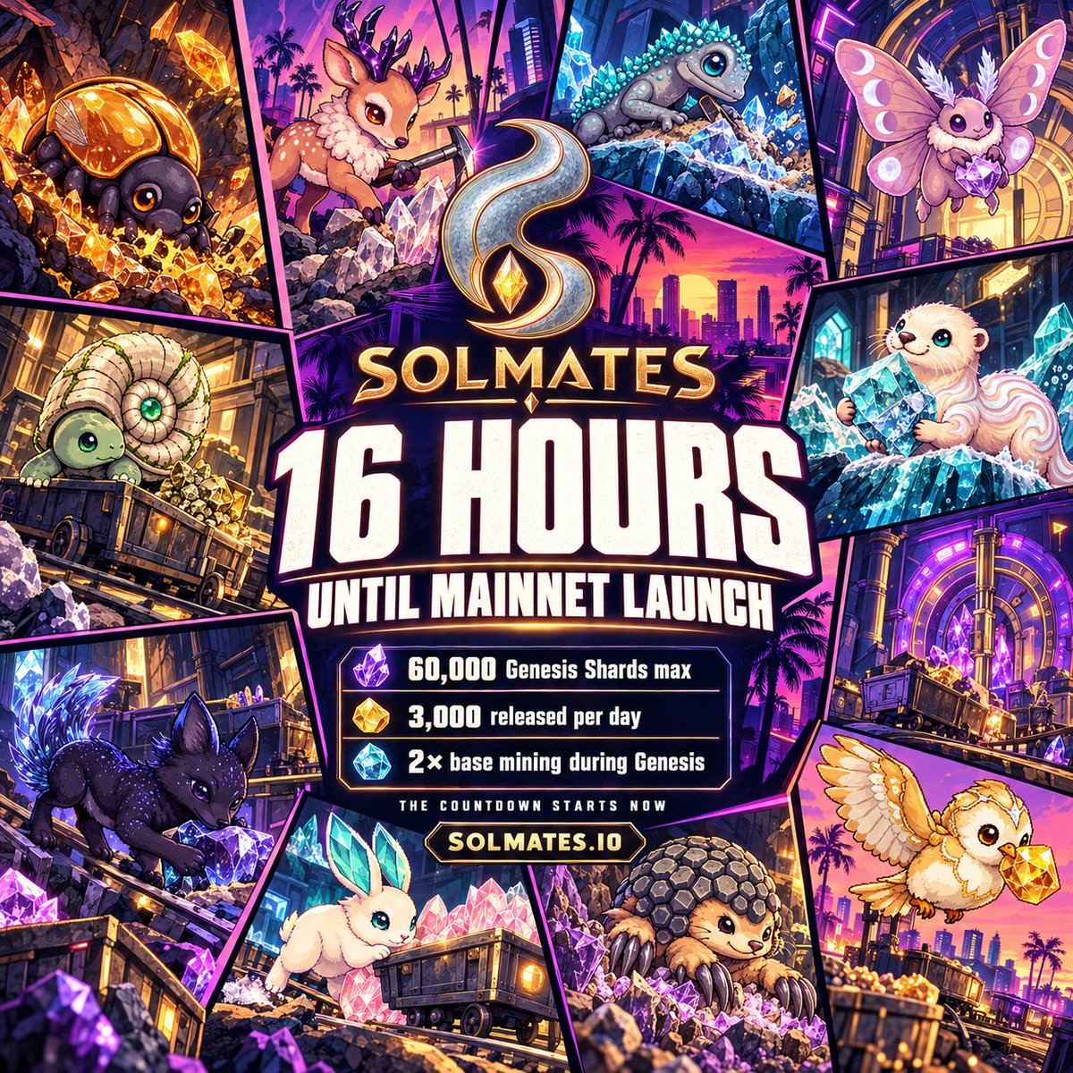 Solmatesio's tweet photo. 💎 16 HOURS. EYES ON THE SPECIMENS.

Amethyst. Pyrite. Ammonites. A collecting adventure with a world beyond the screen.

SOLMATES aims to connect digital mining with real fossils and minerals, supported by specimen records and verifiable ownership. Your companions are the beginning of that journey.

Physical-specimen and verified-ownership features are in development.

3,000 Genesis Shards released daily. Once the available supply is gone, you’re waiting for the next release.
💎 60,000 Genesis Shards max
⚡ Get 2× base mining during Genesis

The heist begins October 9 at 4 PM EDT / 20:00 UTC.

Know the plan before the crew moves:
📲telegram: https://t.co/1A4A16HTvV
💬discord: https://t.co/oaAw0dmZsv

🎮 https://t.co/5WgzoxaP8H

#SolanaGaming #CreatureCollector #RWA