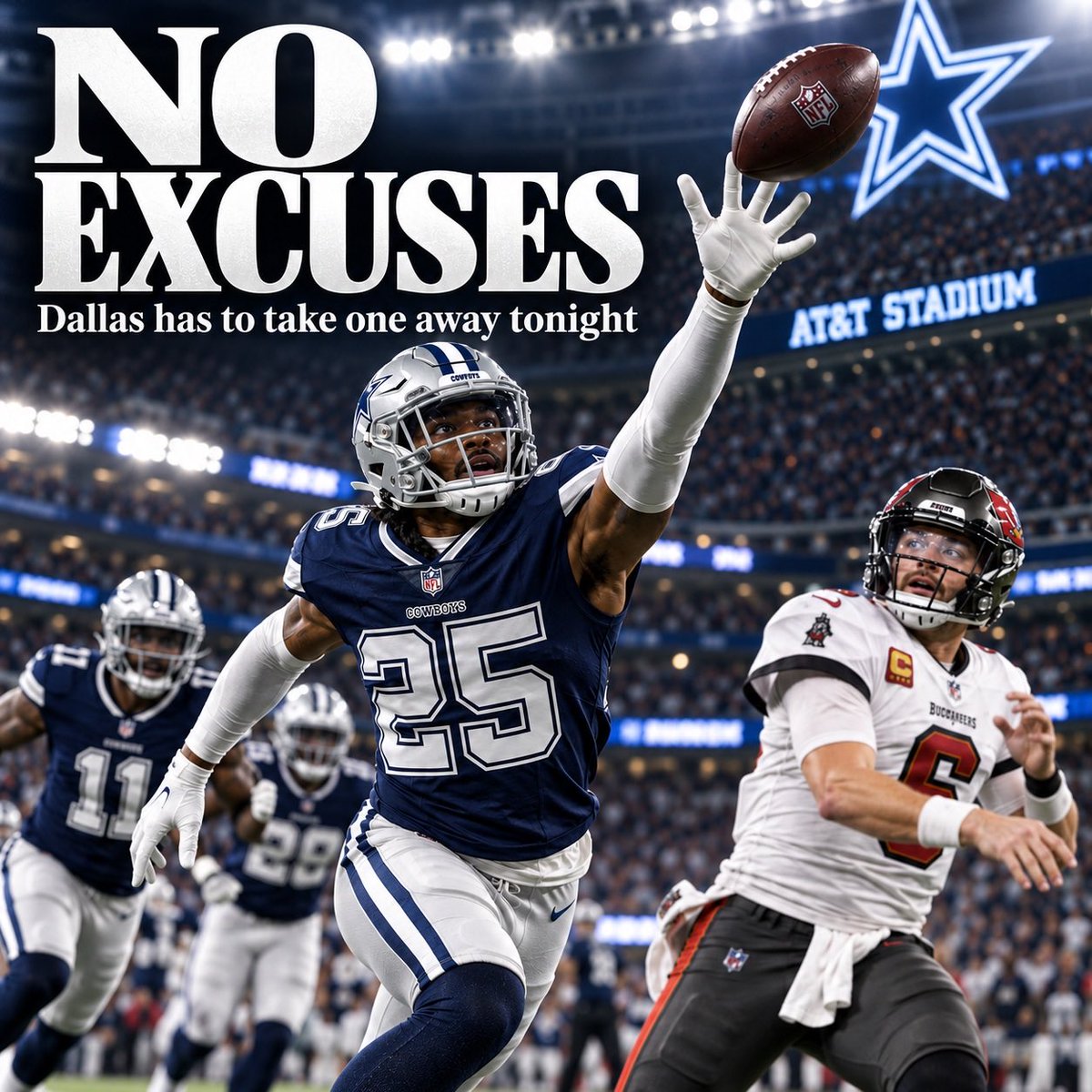 GuntherEagleman's tweet photo. Cowboys and Bucs tonight in Arlington. Dallas is 2-2, Tampa Bay is 0-4, and there’s absolutely no excuse to lose this game.

Baker Mayfield is hurt, the Bucs are starting an undrafted rookie quarterback, and Tyler Smith is back. Even Jerry Jones is fired up: “Put me in coach, I’m hot.”

But here’s my problem. This Cowboys defense hasn’t intercepted a single pass all season.

If you can’t pick off a rookie making his second start, who the hell are you going to intercept?

Win the damn game, Dallas. No excuses.