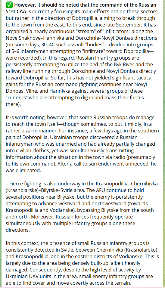 SitrepLinksENG's tweet photo. An overview of the Dobropillia direction by 🇺🇦military observer K. Mashovets (as of Oct 8). The RuAF are intensifying offensive operations toward Dobropillia &amp; Druzhkivka, using repeated infiltrations, but 🇺🇦counterattacks &amp; defenses have so far prevented a major breakthrough. ⬇️ https://t.co/e9uuQzxR9D