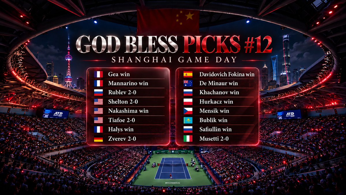 godblessbets's tweet photo. 🔥 #GodBlessPicks
🎾 GOD BLESS PICKS #12 - SHANGHAI GAME DAY 🇨🇳

🇫🇷 Gea win
🇫🇷 Mannarino win
🇷🇺 Rublev 2-0
🇺🇸 Shelton 2-0
🇺🇸 Nakashima win
🇺🇸 Tiafoe 2-0
🇫🇷 Halys win
🇩🇪 Zverev 2-0
🇪🇸 Davidovich Fokina win
🇦🇺 De Minaur win
🇷🇺 Khachanov win
🇵🇱 Hurkacz win
🇨🇿 Mensik win
🇰🇿 Bublik win
🇷🇺 Safiullin win
🇮🇹 Musetti 2-0

Drop a like if you're following the picks ❤️

My personal thoughts and picks for the Shanghai gameday. For informational purposes only. Some of the best ideas may later be posted as official bets.

#Tennis #ATP #TennisPicks #TennisBetting #TennisAnalysis #ShanghaiMasters #RolexShanghaiMasters