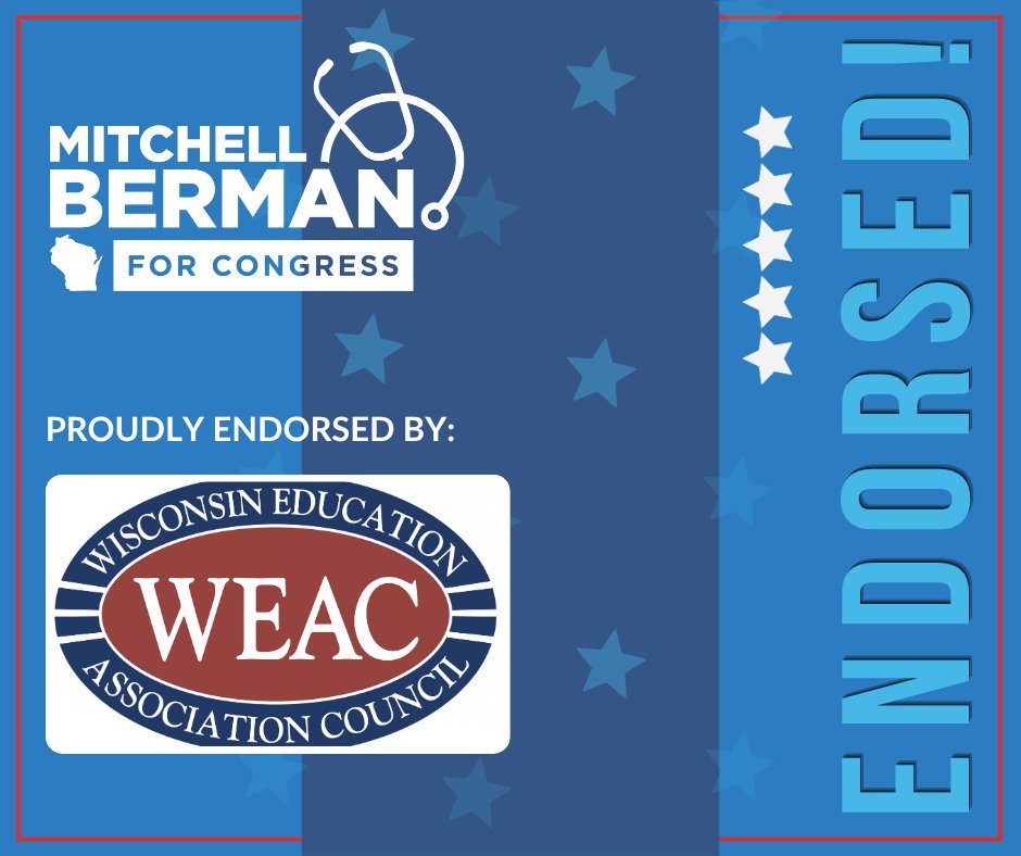 MBermanWI's tweet photo. 🚨ENDORSEMENT ALERT🚨
I am proud to announce that WEAC has endorsed our campaign. Thank you for standing with us in our race! https://t.co/vzWbXUbtTB