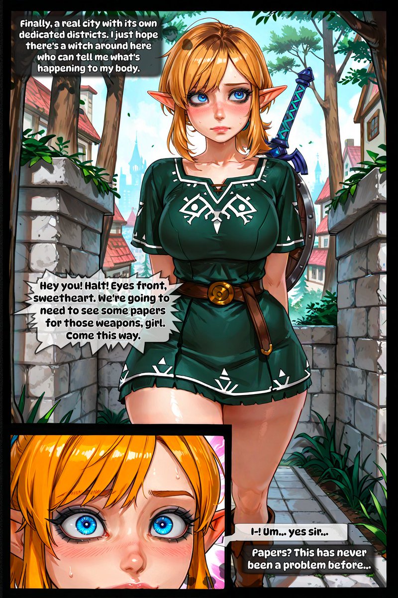 amanofthetrash's tweet photo. Triforce of Curves Ch2 - Part 1 
Link makes her way to a city looking for a witch to investigate her body but gets tripped up on the way.
If you like this and want to support me creating more content like this please support me on Patreon: https://t.co/cBcKzEsvtQ https://t.co/q8E12mpHE7