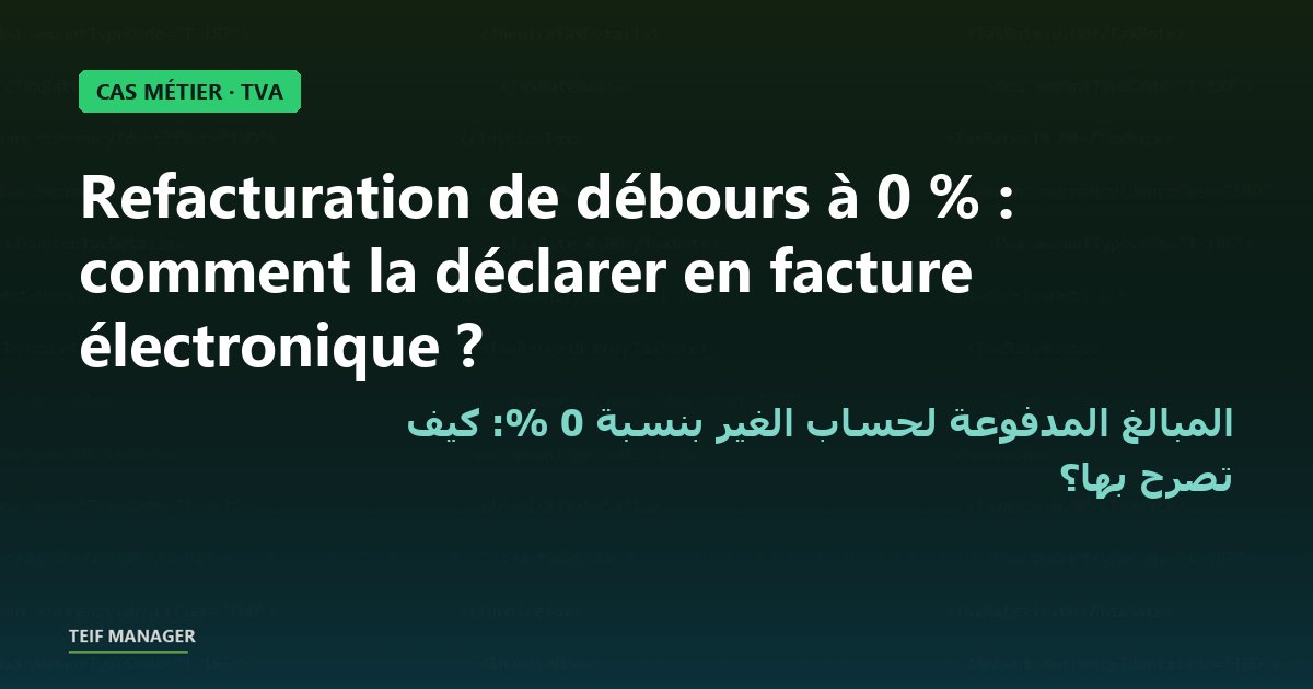 ZkbdiProtocol's tweet photo. ⚖️ Débours refacturés à 0 % : ni exonérés, ni suspendus. Aucun code TEIF ne permet de déclarer le hors-champ. Les 3 conditions à vérifier 👉 https://t.co/e9bMGtEW4u #TVA #TEIF #Débours #Tunisie https://t.co/TXg0VmADmX