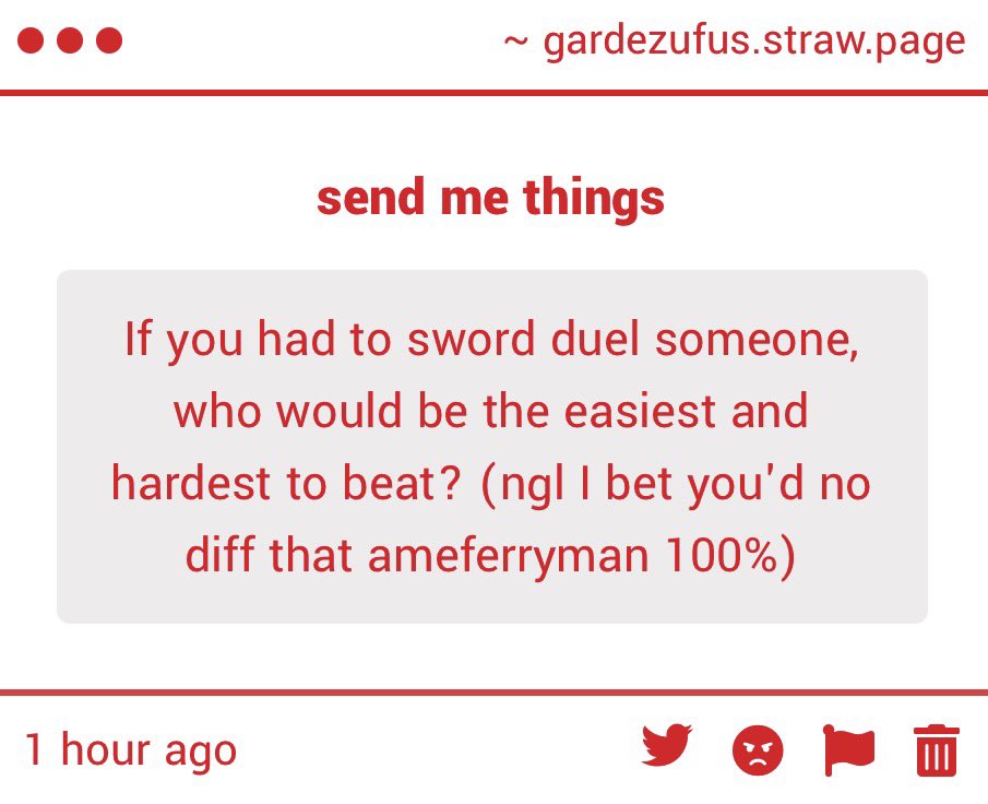 twaismijls's tweet photo. Hmm.. for a sword duel, I’m confident that i’d be able to ruin that ginger without issue. By far he’d be the easiest. Though the hardest, I think Jacob or Ferryman and I could have a fair fight. Of course I would still win though 🙂. https://t.co/lFVFwJGDV0