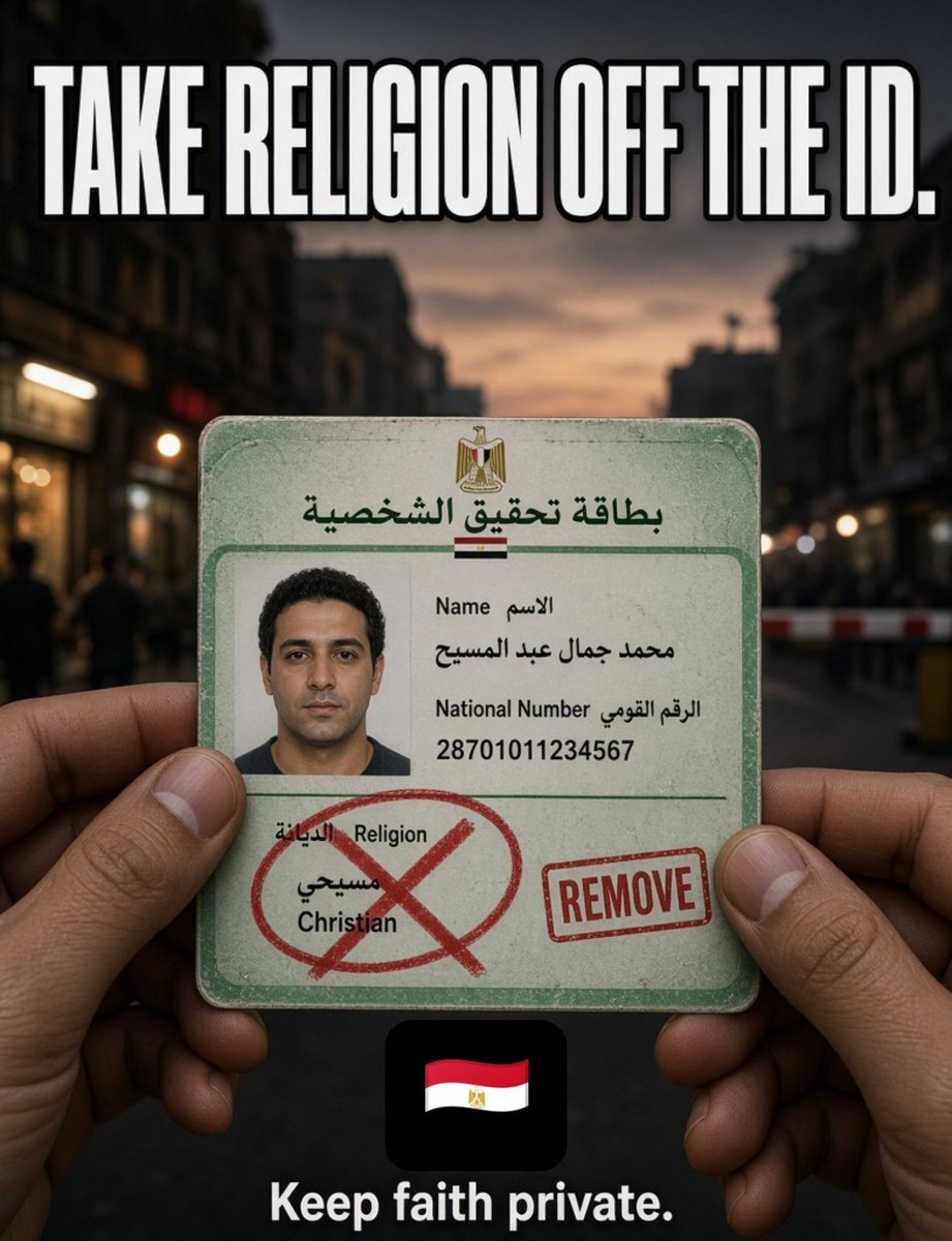 DistantDiaspora's tweet photo. If they could do it, why doesnt Egypt want to ? 🤔

Listing religion on the national ID you use EVERY DAY is not just paperwork  for Christians in Egypt it means instant discrimination in jobs, checkpoints, schools, and government offices. 

It's a tool for persecution.

Other countries understood this and REMOVED it:

*Greece – 2000*
Abolished religion from ID cards to meet European human rights standards.

*Lebanon – 2009*
Made listing religion OPTIONAL after Christians and Muslims were targeted at checkpoints based on their IDs during the civil war.

*Jordan – 2016*
Removed religion from the visible ID card when switching to smart IDs. It's still in a back-end database for courts, but no longer printed for everyone to see.

*Turkey – 2017*
Removed religion from new electronic IDs after the European Court of Human Rights ruled in _Sinan Işık v. Turkey (2010)_ that even an optional field violates freedom of religion.

*Vietnam – 2016*
Stopped requiring religion on IDs, a reform noted by Pew Research Center.

*Germany – 2024/2025*
Passed a law to remove religion from the central population register to reduce bureaucracy and keep faith private.

*Sudan – 2020*
After 30 years of Islamic rule under al-Bashir, Sudan's transitional government agreed to separate religion and state, declaring "No citizen shall be discriminated against based on their religion" and removing Islam as the official state religion. A direct move away from religious-based IDs and laws.

*Rwanda – Post-1994*
After the genocide, Rwanda deliberately removed ethnic AND religious markers from national IDs to prevent the kind of targeting that led to mass killings.

Egypt still forces 10+ million Christians to carry a card that marks them daily. The solution is simple and proven: keep religion in a sealed court file if needed for personal status law, but TAKE IT OFF the card people carry daily.

Egypt can do better. Take religion off the ID. Let all people be equal not just the majority.

Some scholars argue that taken away this requirement would infringe of their religious views but does that mean your religion doesn't offer religious freedom for those who aren't of your religion ?🤔

Asking for a friend.

#FreeAugustinosSaaman
#FreeSaidAbdelRazek #EndChristianPersecution
 #Egypt 
#DistantDispora🔥