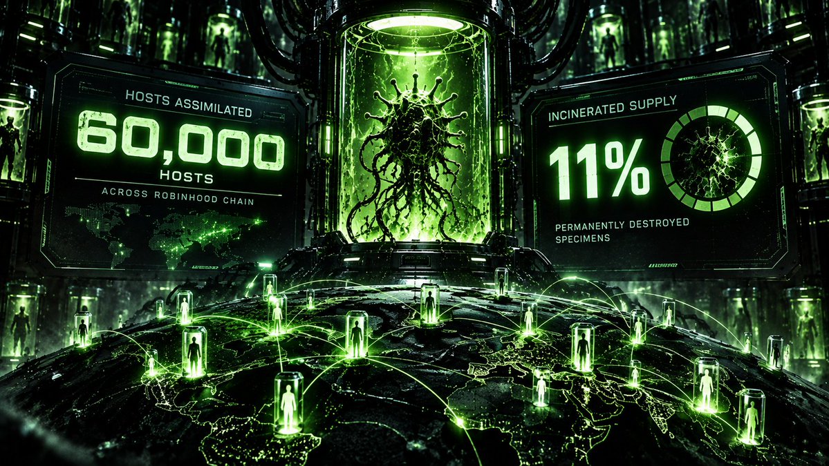 StrainOnRH's tweet photo. BIOLOGICAL SURVEILLANCE REPORT.

60,000 hosts assimilated across Robinhood Chain.

11% of the primordial $SI specimen population subjected to irreversible incineration.

Host colonization accelerates. The remaining specimens face continuous eradication.

The organism proliferates. The specimen population diminishes.

$SI | BEYOND CONTAINMENT.
