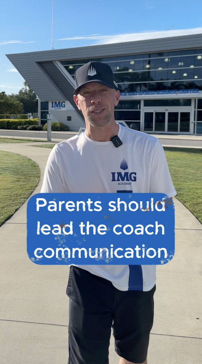 A man wearing an "IMG Academy" shirt and cap stands outside the IMG Academy building, with a blue text overlay reading "Parents should lead the coach communication" to illustrate a myth being addressed about athlete recruitment.
