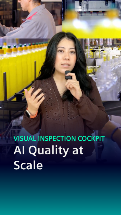 A promotional graphic featuring a woman with a microphone titled 'Visual Inspection Cockpit: AI Quality at Scale,' showing factory and bottle manufacturing imagery in the background.