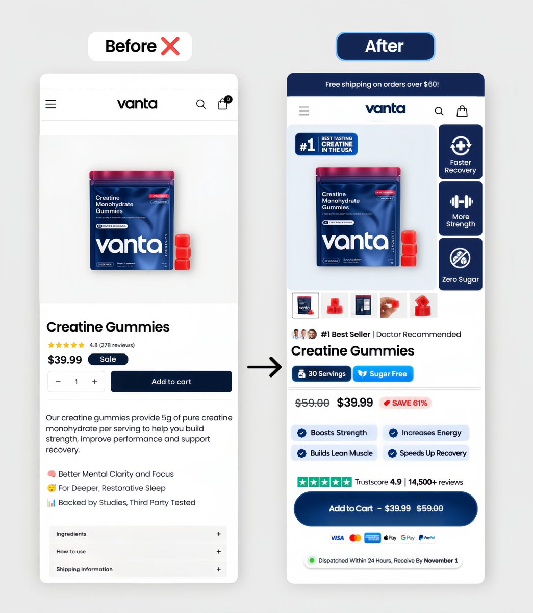 liosecom's tweet photo. I see so many stores spending money on ads while their product pages barely sell.

So I redesigned this one.

→ Clearer benefits
→ More trust around the buying decision
→ Better product presentation
→ Less friction at add to cart

Now the page gives people more reasons to buy.