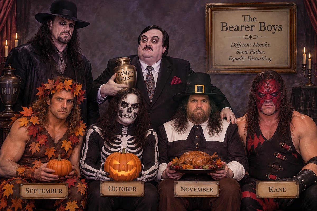 ChrisChecksIn's tweet photo. @Anamta_ali_ Paul Bearer was getting BUSY! September, October, November, Kane… and The Undertaker as a half-brother. Forget the Brothers of Destruction. This was a whole damn calendar of destruction. https://t.co/qX7wXiaV6r