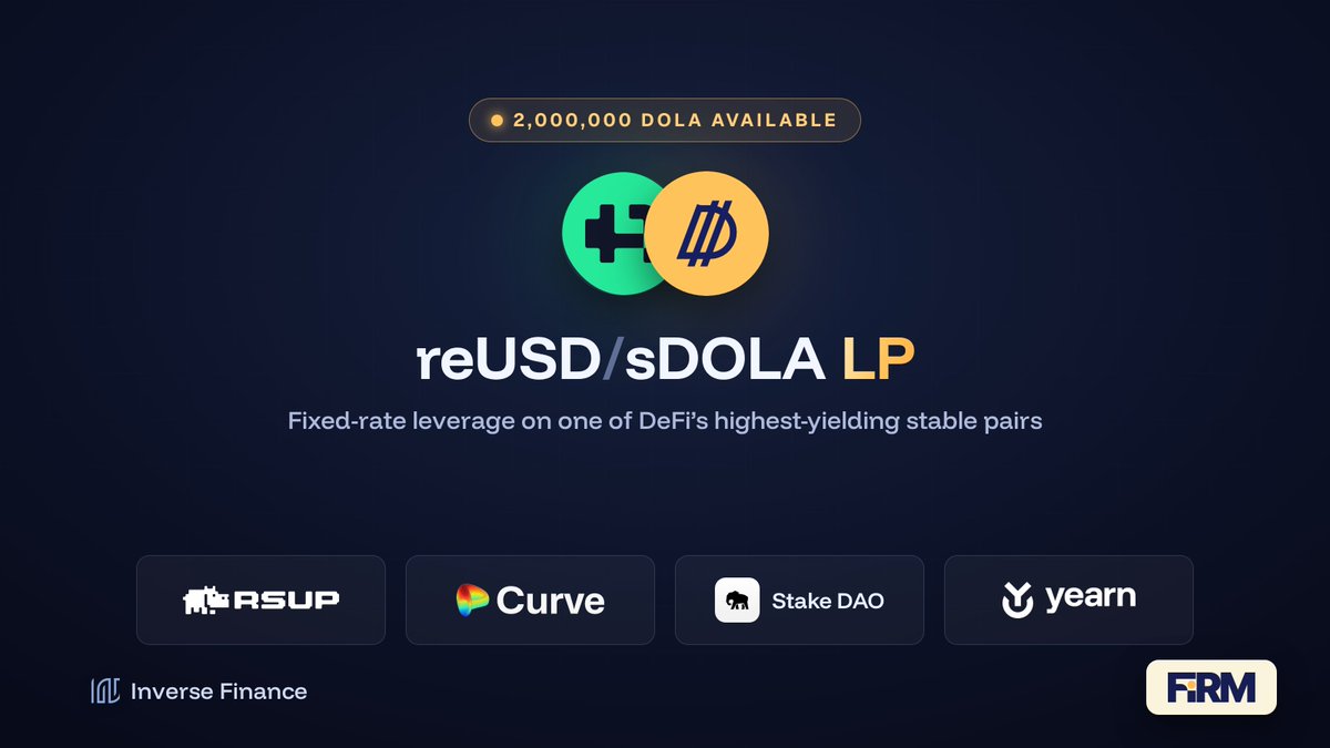 InverseFinance's tweet photo. You asked. We delivered. You asked again. We delivered again. 2,000,000 in fresh DOLA liquidity available in reUSD-sDOLA LP FiRM markets right now. 

The stack: @ResupplyFi reUSD paired with @InverseFinance sDOLA on @CurveFinance, deposited through @StakeDAOHQ onlyBoost or @yearnfi strategies.

Both markets sold out twice. The third ceiling is open. First come, first served. Grab it before it goes.

https://t.co/1sLY4hQcM7