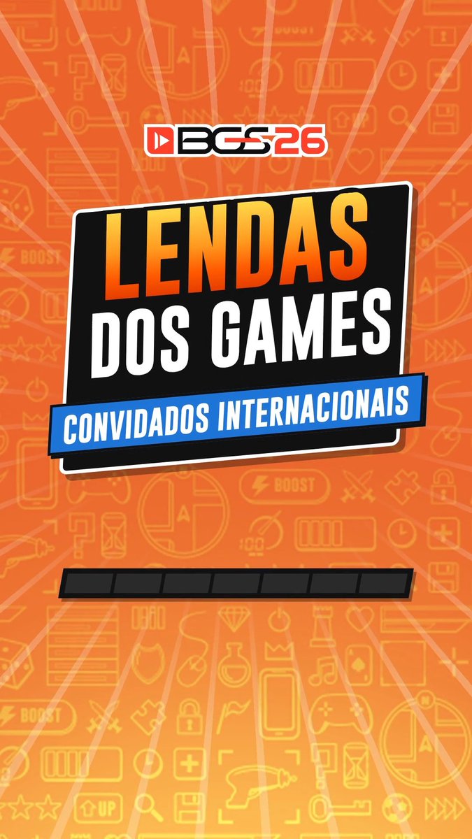 An orange promotional graphic features the logo 'BGS26' above a black box reading 'LENDAS DOS GAMES' and a blue banner stating 'CONVIDADOS INTERNACIONAIS'.
