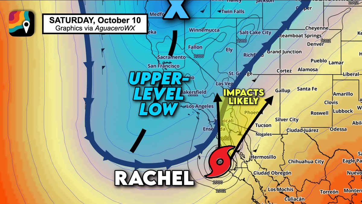 MyRadarWX's tweet photo. ARIZONA gang – there is a tornado risk on Sunday into Monday that will accompany the remnants of Tropical Storm Rachel. In a truly weird setup, the National Hurricane Center is explicitly forecasting Rachel to still be a tropical storm as the center passes near Yuma.

Rachel will be slingshotted northeast ahead of an approaching upper-air disturbance and associated jet stream dip.

This could bring downpours and a strip of heavy rain (2-3 inches) to the Colorado River Basin and Mojave Desert. Winds near tropical storm force (sustained 39 mph) are possible in the heavier squalls near the leftover center.

But more importantly, there could actually be a tornado or two in southwest Arizona along Interstates 8 or 10. Rachel's remnants will come with a tropical, juiced-up air mass in the lower atmosphere, providing thunderstorm fuel... AND the remnant swirl will provide changing winds with height (shear).

The StormNet machine learning model is highlighting the potential for a tornado or two. Stay tuned for updates.