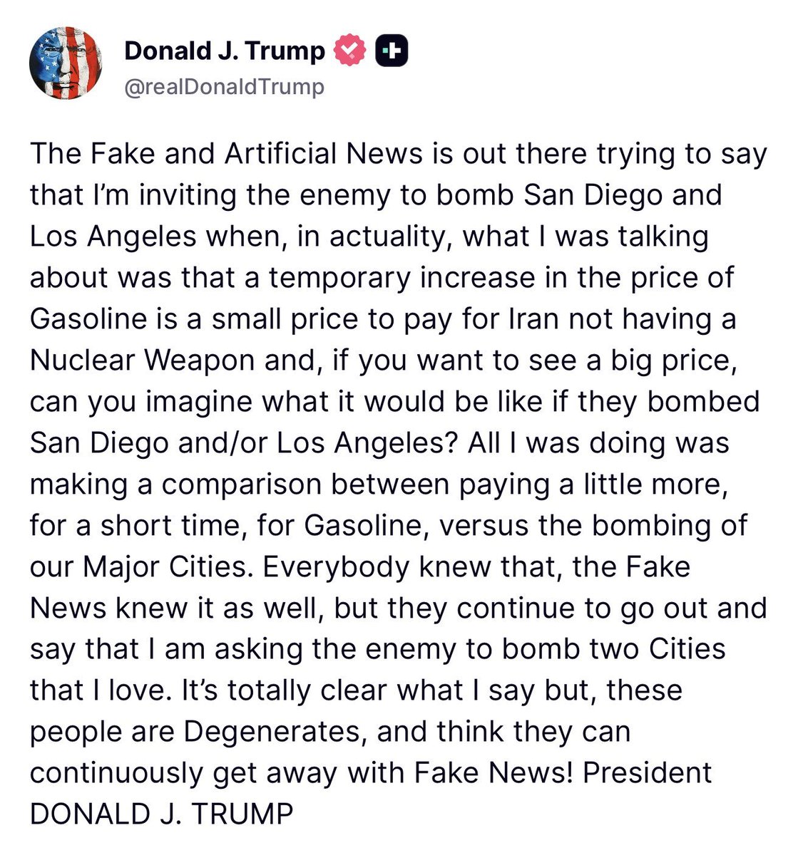 Advanture_ncna's tweet photo. 🚨 They cropped the clip and said Trump wants Iran to bomb LA.

He was talking about gas. A bump at the pump beats a nuke on the city

They heard the whole thing. They ran the lie anyway. 🇺🇸 https://t.co/sRlwYmM4RQ