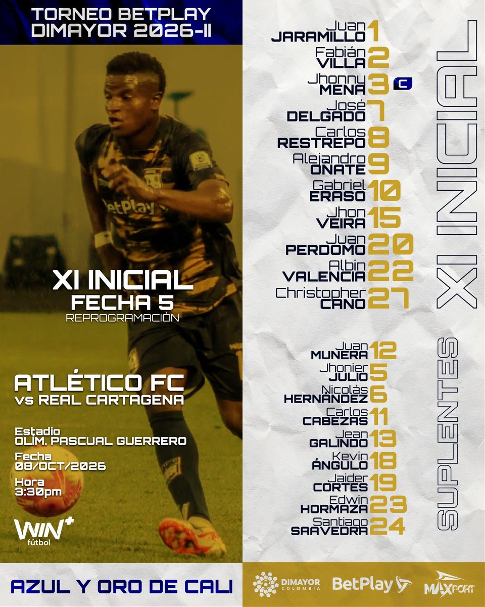AtleticoFCSA's tweet photo. 💙💛 ¡XI confirmado!
Estos son los jugadores elegidos por el profesor @asicacha_coach para enfrentar a @RealCartagena por la Fecha 5 del Torneo BetPlay II-2026.
#AtléticoFCDeCali☀️ #AzulYOroDeCali https://t.co/ar6t0bzRIq