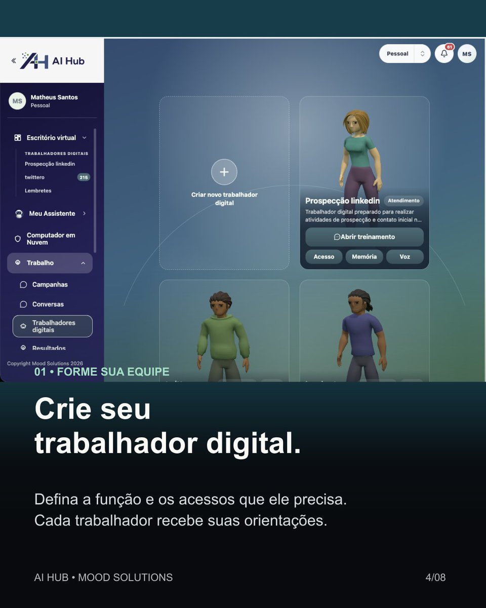 Matheus_Builder's tweet photo. 1/2 • Resultados e equipe digital

Meu LinkedIn cresceu mais de 200% em métricas de visibilidade com uma rotina que configurei no AI Hub. 🚀

Os números dos prints: 1.310 impressões nas publicações, um aumento de 292% em relação aos 7 dias anteriores. As visitas ao perfil tiveram alta de 233% na comparação exibida pelo LinkedIn.

Como fiz isso? Usei trabalhadores digitais e computer use em nuvem: a IA usa um computador e um navegador para executar as tarefas que eu configurei.

Eles entram no meu LinkedIn e nas minhas redes, buscam conteúdo relevante, criam as imagens, escrevem os textos e publicam automaticamente todos os dias. A rotina transforma pesquisa e criação em publicações com consistência.

A imagem 3D representa os três trabalhadores digitais e o Moody, o orquestrador do AI Hub, que coordenou a execução dessas postagens. É a representação da equipe digital por trás desse trabalho.

Isso é possível com o AI Hub, da Mood Solutions. Você também pode configurar trabalhadores digitais para executar suas rotinas.

Crie sua conta e conheça o AI Hub:
https://t.co/dOzK6jLcMm

Qual tarefa você colocaria na rotina de um trabalhador digital?

#AIHub #InteligenciaArtificial #Automacao #LinkedIn #TrabalhadoresDigitais

Meu relato de experiência. Métricas e imagens fornecidas por mim em 08/10/2026. Os percentuais se referem às comparações exibidas nos prints; não representam crescimento de seguidores nem garantia de resultado.