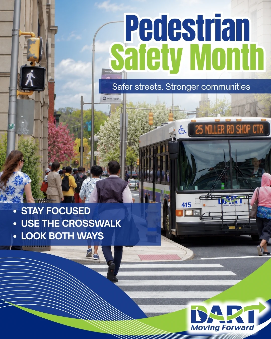 Graphic promoting pedestrian safety month with a bus and key points for safety