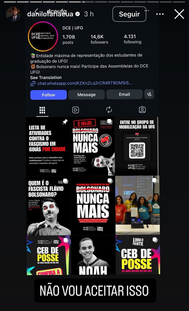 lanabrasil's tweet photo. ⚠️ COMPARTILHEM ⚠️

Um debutado suplente (que não teve nem a capacidade de se eleger) está organizando grupos bolsonaristas para atacarem ARMADOS nas manifestações de esquerda em Goiânia. 

Denunciem o perfil abaixo e marquem políticos da esquerda para tomarem providências! https://t.co/K32IEIP3t9