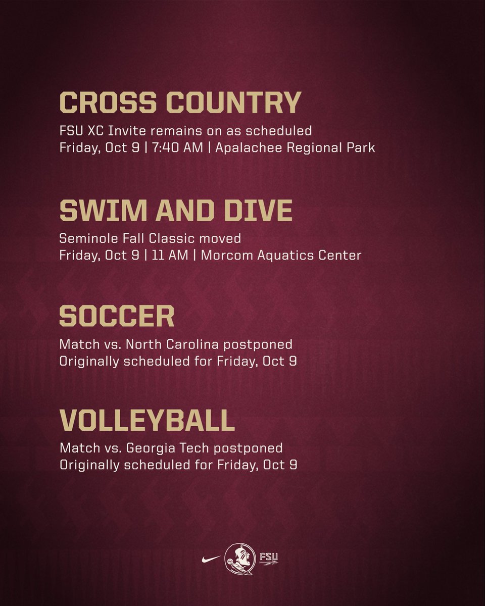 Seminoles's tweet photo. SCHEDULE UPDATE🚨

With Hurricane Isaias projected to make landfall Friday evening along the Gulf Coast, multiple Florida State athletics events have been impacted. 

The list will continue to be updated at this link: https://t.co/plRRW8lekC. https://t.co/xOH2ZRFUwT