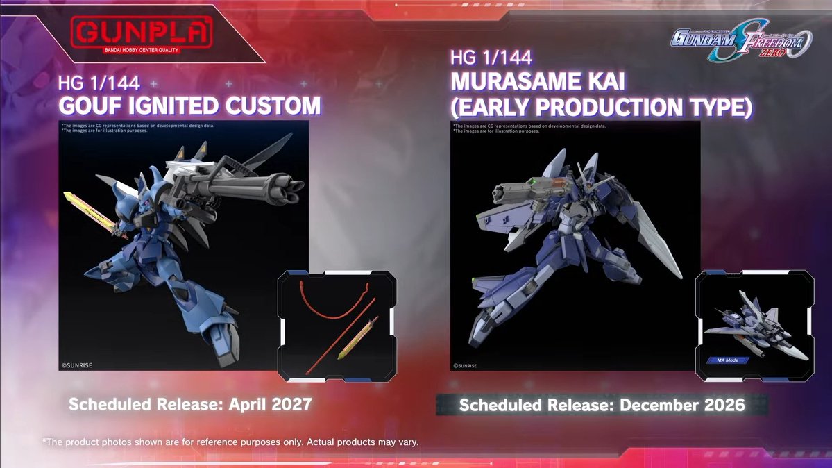 JosephH32149678's tweet photo. Gundam Seed Freedom Zero new reveals of new 
HGCE Infinite Justice Gundam &amp; booster unit 02/27
HGCE 1/144 Gouf Ignited custom 04/27
HGCE 1/144 Murasame Kai(Early production type)12/26 https://t.co/SmryuTyorq