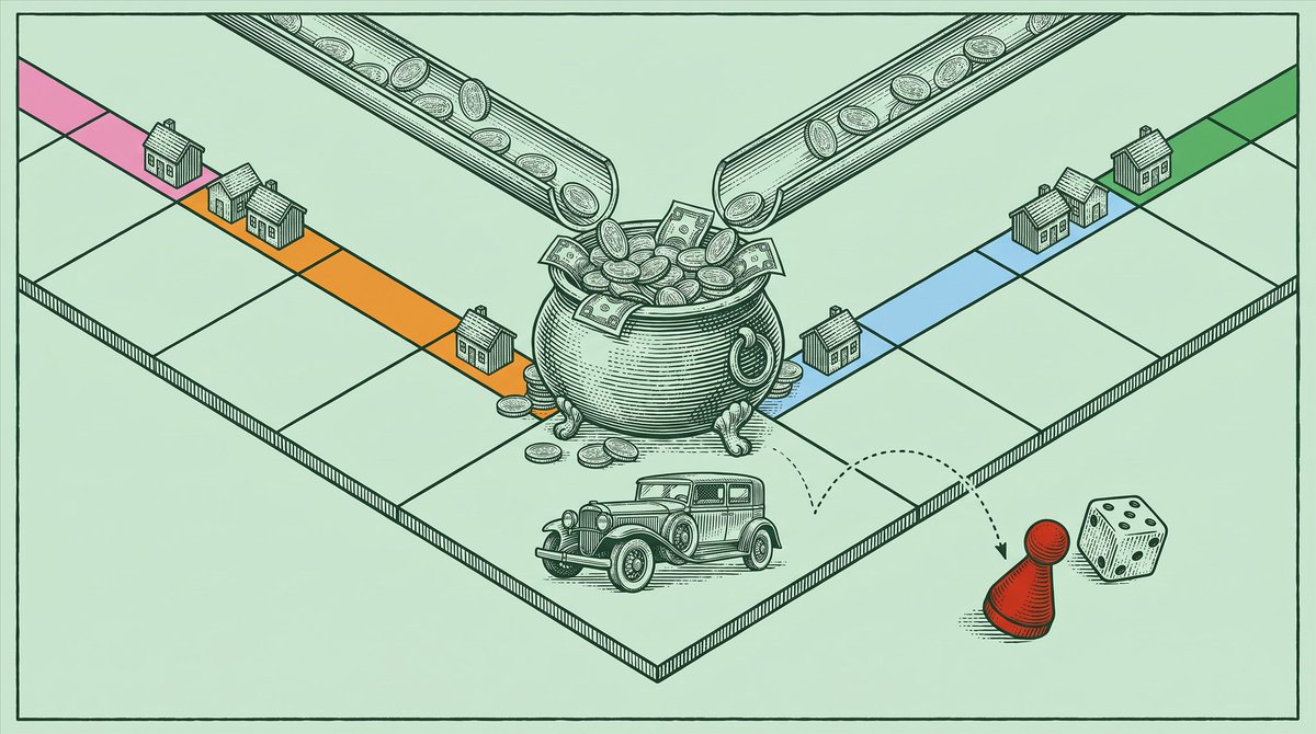 monopolydotland's tweet photo. free parking works a little differently on MONO.

part of the rent everyone pays, along with taxes collected around the board, goes into the game's treasury. that treasury helps fund the Free Parking pot.

land on Free Parking and you collect the pot.