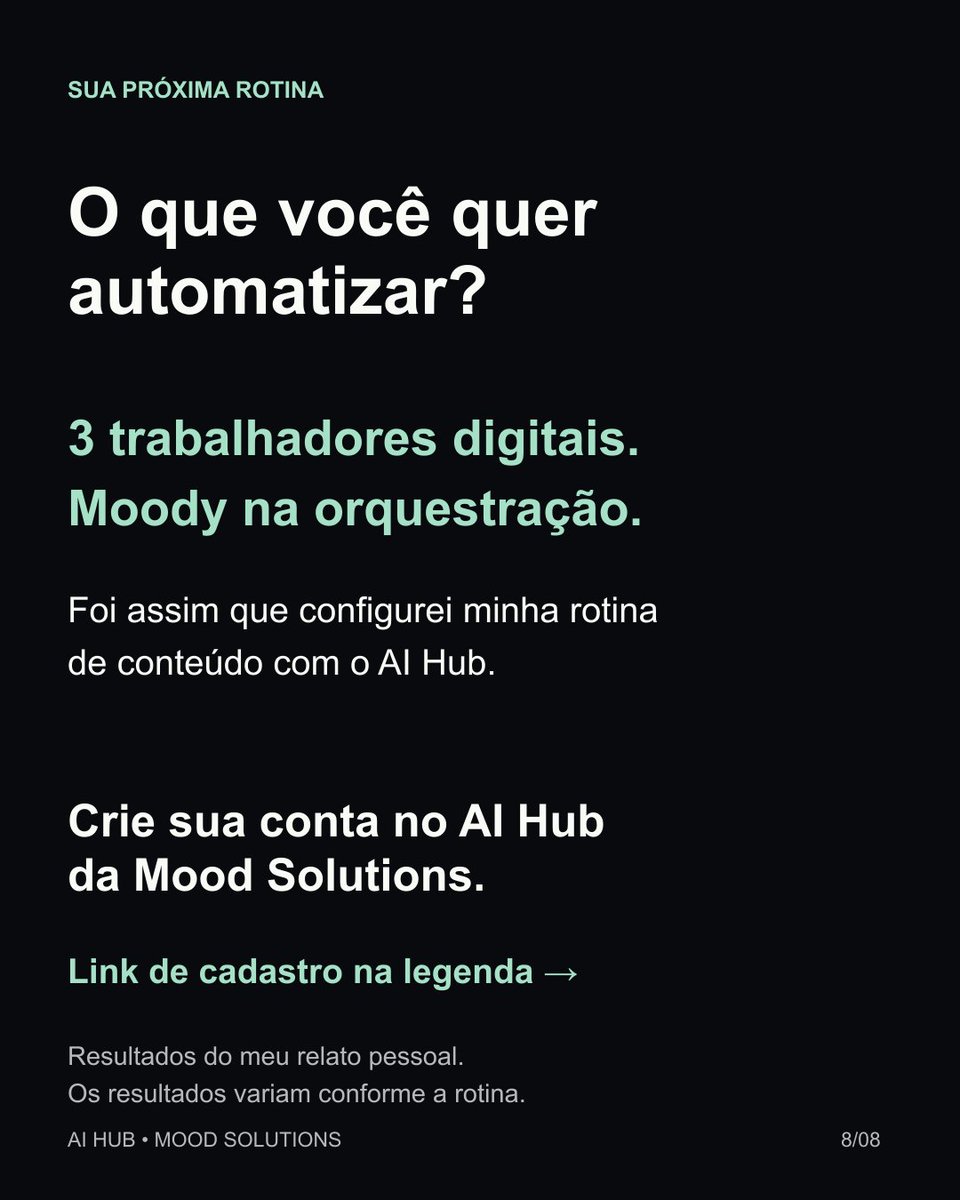 Matheus_Builder's tweet photo. 2/2 • Como funciona a rotina no AI Hub

Crio um trabalhador digital, defino sua função e os acessos necessários e explico pelo chat os temas, as redes e a frequência.

O trabalhador usa o computador e o navegador em nuvem para executar a sequência: pesquisar conteúdo relevante, criar a imagem, escrever o texto e publicar. Na minha rotina, isso acontece todos os dias.

O escritório 3D representa os três trabalhadores digitais e o Moody, o orquestrador do AI Hub.

Configure sua rotina com o AI Hub, da Mood Solutions:
https://t.co/dOzK6jLcMm

Telas fornecidas por mim em 08/10/2026. Relato pessoal; os resultados variam conforme a rotina.

#AIHub #Automacao #TrabalhadoresDigitais