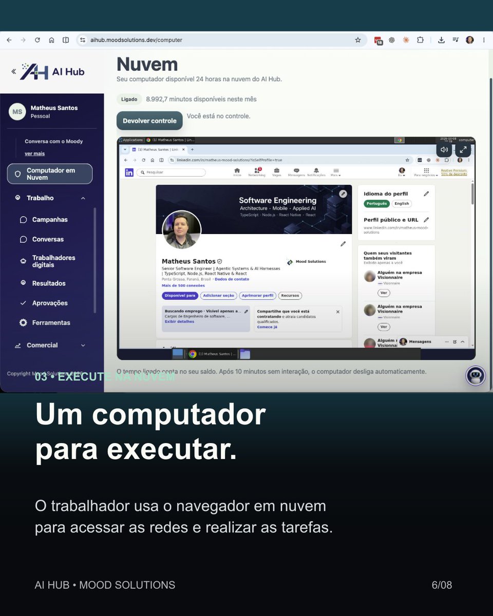 Matheus_Builder's tweet photo. 2/2 • Como funciona a rotina no AI Hub

Crio um trabalhador digital, defino sua função e os acessos necessários e explico pelo chat os temas, as redes e a frequência.

O trabalhador usa o computador e o navegador em nuvem para executar a sequência: pesquisar conteúdo relevante, criar a imagem, escrever o texto e publicar. Na minha rotina, isso acontece todos os dias.

O escritório 3D representa os três trabalhadores digitais e o Moody, o orquestrador do AI Hub.

Configure sua rotina com o AI Hub, da Mood Solutions:
https://t.co/dOzK6jLcMm

Telas fornecidas por mim em 08/10/2026. Relato pessoal; os resultados variam conforme a rotina.

#AIHub #Automacao #TrabalhadoresDigitais
