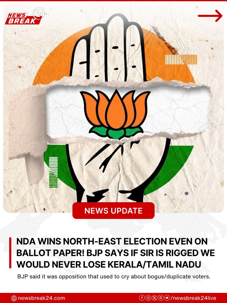 NewsBreak24Live's tweet photo. BJP-led NDA recorded major victories in ballot-paper elections in Assam and Tripura, winning 34 of 42 Silchar seats and around 94% of declared Village Committee seats in Tripura.
#AssamElection #TripuraElection #BJP #BallotPaper #PoliticalNews https://t.co/amEhhVBFUv