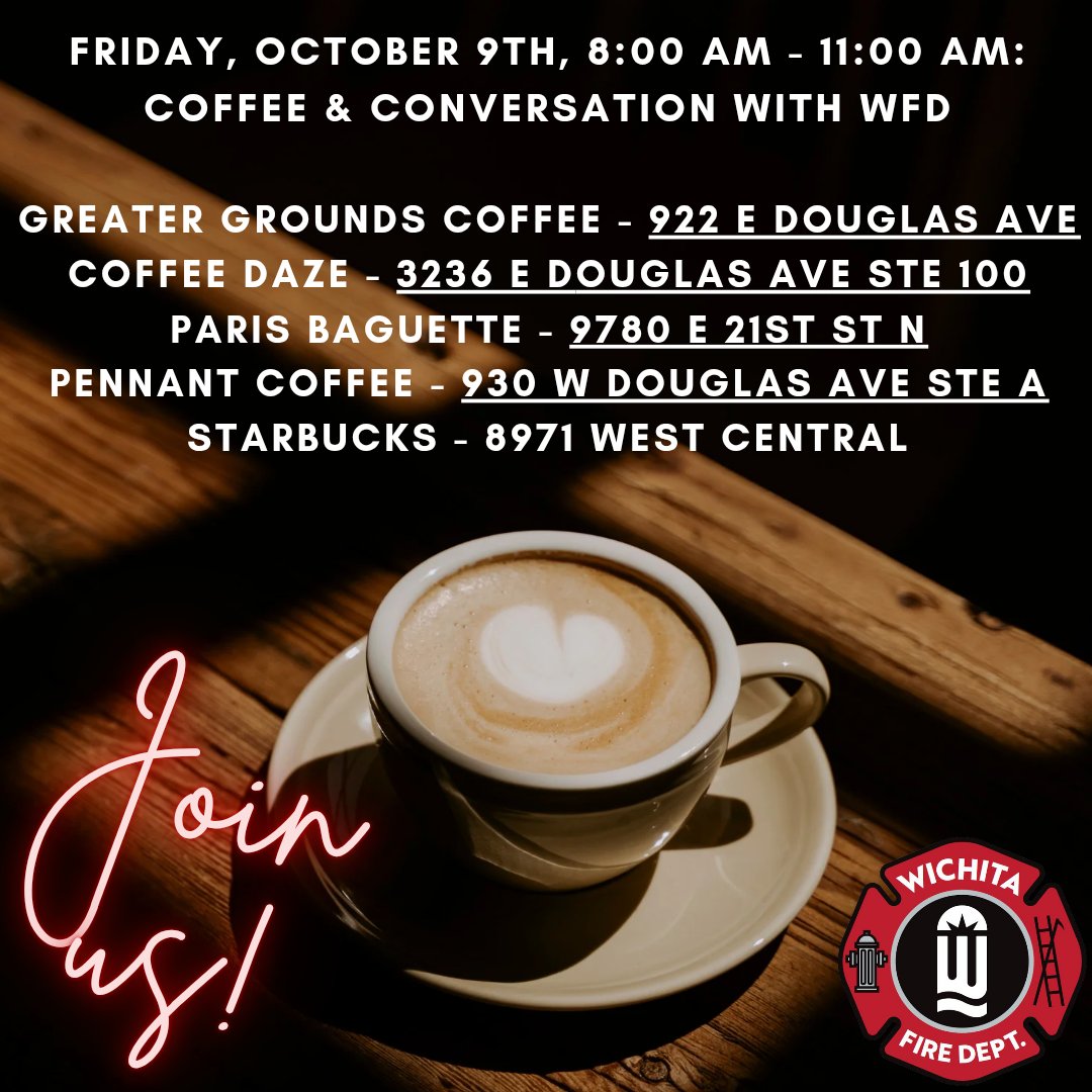 WichitaFireDept's tweet photo. Come on out and join us tomorrow morning as we wrap up #firepreventionweek2026! WFD members will be out answering questions, chatting and of course having coffee! #wichitaFD https://t.co/5cIoVGYNGU