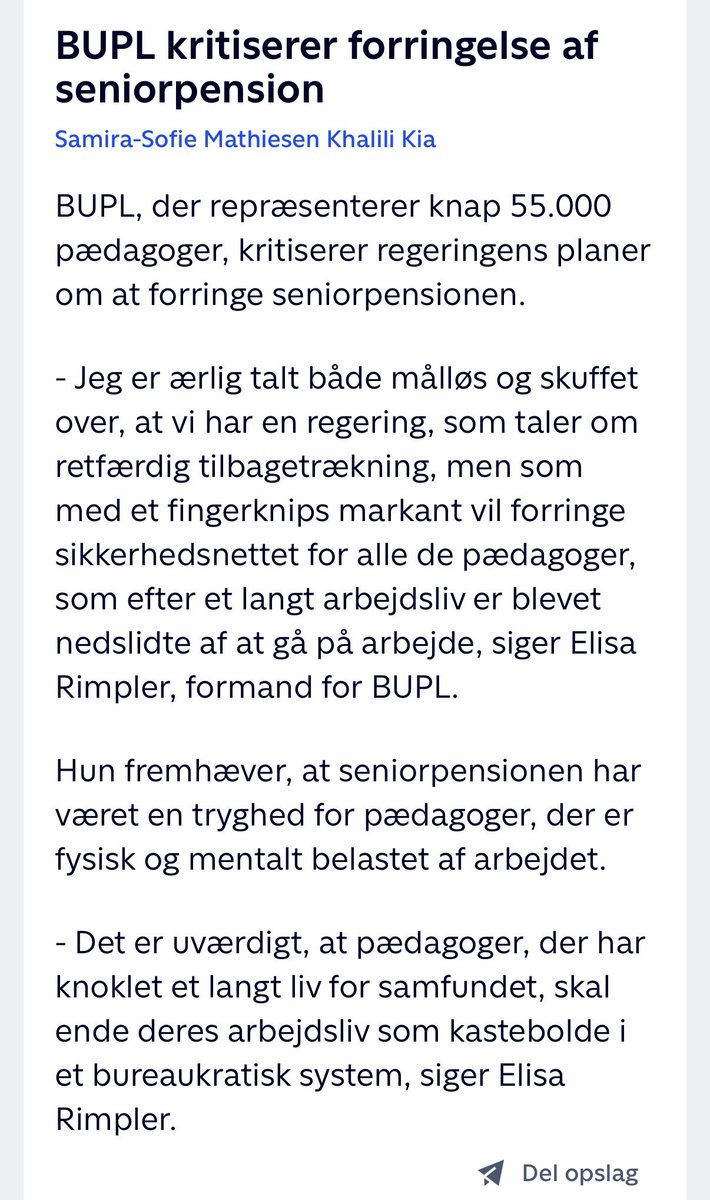 BUPLFormand's tweet photo. Retfærdig tilbagetrækning? Kun for Arne, men ikke for pædagogen Bente, der bliver syg af de hårde arbejdsvilkår! https://t.co/ISzeW2IWYV