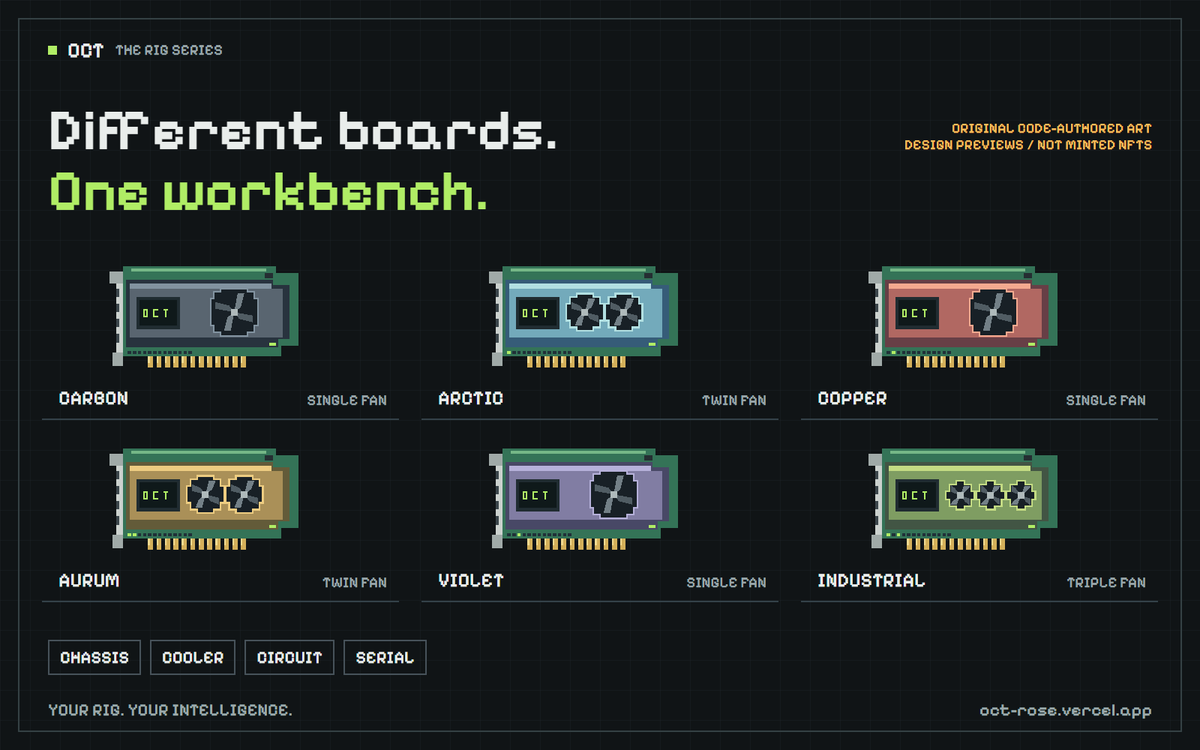 octrigs's tweet photo. Different boards. Different coolers. Different identities.

OCT brings collectible pixel Rigs into the design of a programmable AI workbench.

NFT identity. Owner-defined tactics. Modular capabilities. API + MCP.

Your Rig. Your intelligence. https://t.co/ckHQ85eYKD