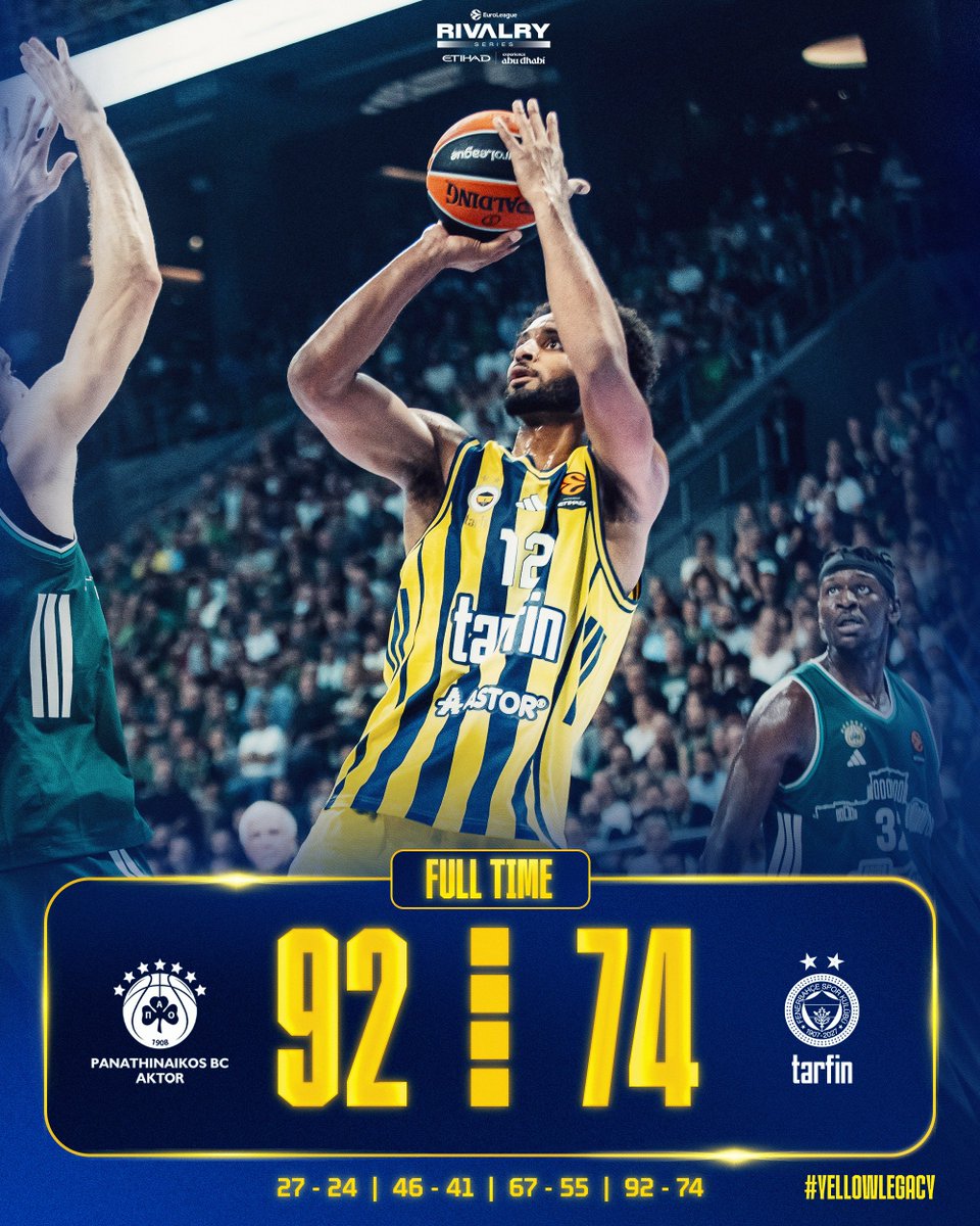 FBBasketbol's tweet photo. Maç Sonucu | Panathinaikos Aktor 🆚 Fenerbahçe Tarfin: 92-74

Skor dağılımımız: Key 13, Juzang 10, Horton-Tucker 9, Melli 9, Baldwin IV 9, Shields 6, Clyburn 6, Bingham Jr 5, Sargiunas 3, Forrest 2, Silva 2. #YellowLegacy https://t.co/qwWD2XxcoV
