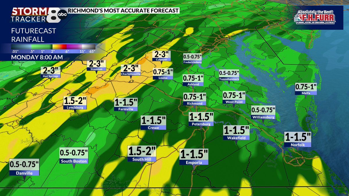 MattDiNardo's tweet photo. Rainfall from the remnants of Isaias will range from 1/2" to 1 1/2" beginning Saturday night (after midnight) and last through Sunday. #rva #8News #isaias #tropics https://t.co/3btO9Yz5lC