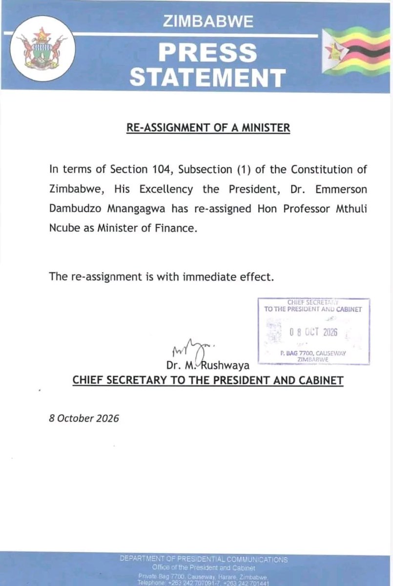 Victorally03's tweet photo. 🛑BREAKING NEWS‼️
Professor Mthuli Ncube Re - assigned as Min of Finance. https://t.co/94QjyxElFO