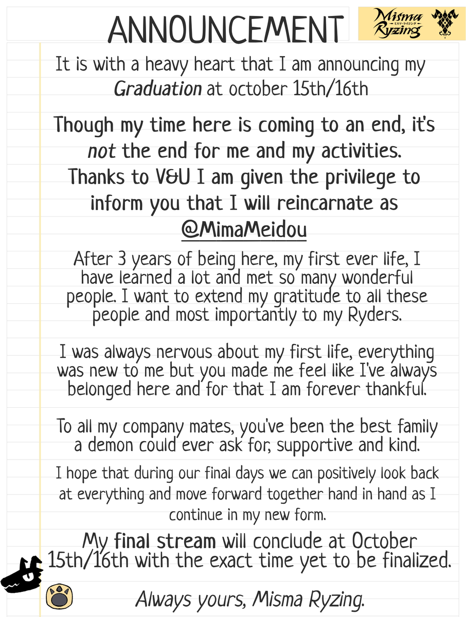 MismaVNU's tweet photo. 【Graduation Announcement】

Not a goodbye but a see you soon.
My final stream time Oct 15th/16th not decided.

You can find me after my graduation at @MimaMeidou 

Love you always💛 https://t.co/80ZluwsBAM