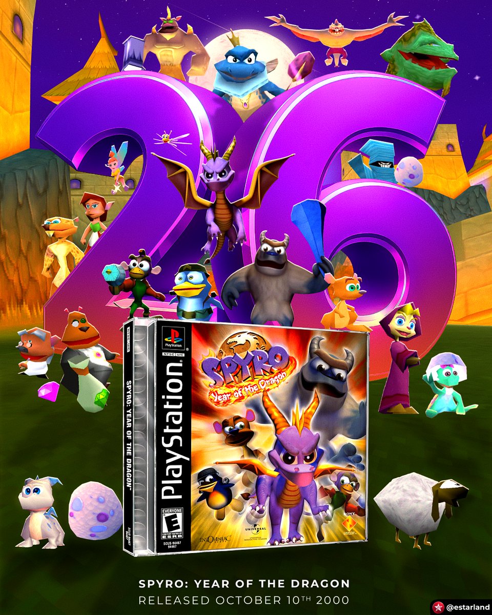 eStarland's tweet photo. Today is the 26th Anniversary of Spyro: Year of the Dragon! 🔥 https://t.co/67Ym51u4aJ