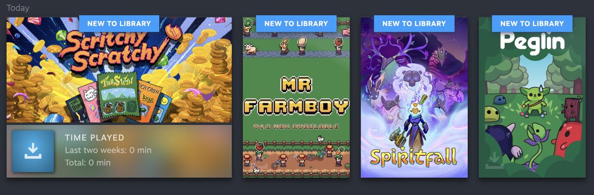 GambitMonkeyDev's tweet photo. Initial games bought during Steam sale season. Wishlisted Scritchy Scratchy and Peglin for a long time, but found Spiritfall and Mr Farmboy from posts here. Can’t wait to play and open to recommendations 👌🏽 https://t.co/q8H0lmFgY8