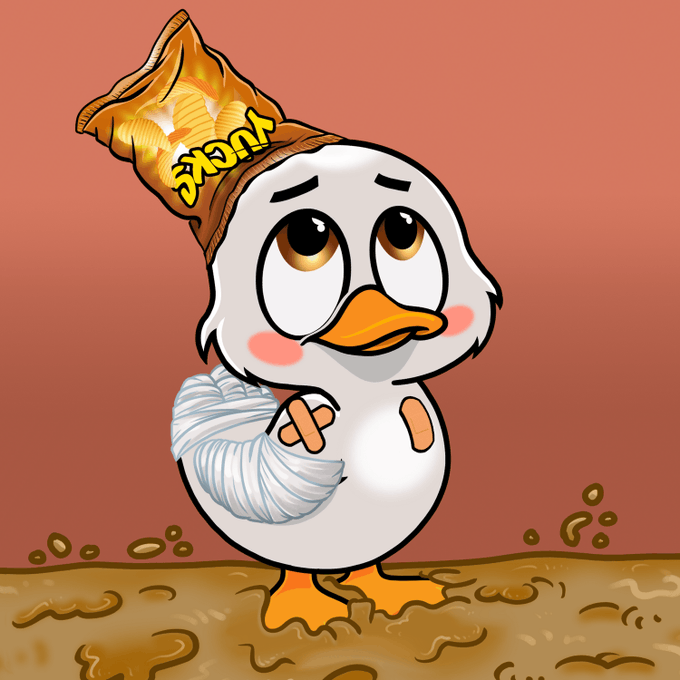 A cartoon illustration of a sad-looking white duck with bandaged wings, standing in mud and wearing an empty potato chip bag labeled 'YUCK!' on its head.