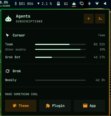 Trackwell's tweet photo. @poteto just updated to 0.68.1 on Omarchy Edge and am Lovin' it so far!!! Especially love monitoring both @cursor_ai monthly Team Usage and weekly grok bots usage on the built in to Omarchy Agents plugin to maximize our output! Will be on the look out for the expanding integrations! https://t.co/2d3i7qPxTK