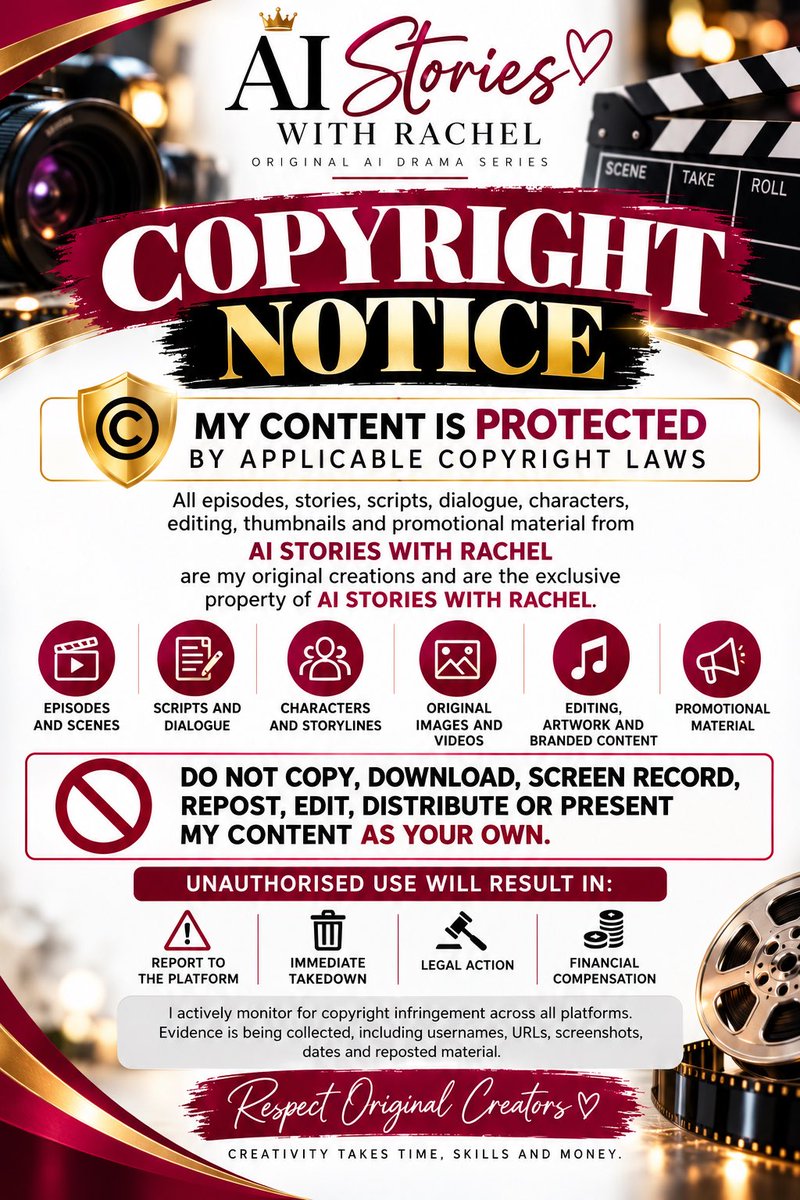 aiwithrachel's tweet photo. IMPORTANT COPYRIGHT NOTICE 📢

It has come to my attention that several pages/accounts are downloading and reposting my videos without my permission.

Facebook’s Content Protection has already notified me of multiple matching videos across Facebook and Instagram, and I have begun taking action on those matches.

If you have uploaded any of my videos without my permission, please take them down. I will continue following the platforms’ copyright procedures to report unauthorised copies and request their removal. Repeated infringement may also result in action being taken against your account by the platform.

I put significant time, creativity, effort and money into producing my stories. Please enjoy and share my original posts — do not download and re-upload them as your own content.

Thank you to everyone who respects and supports AI Stories with Rachel.
