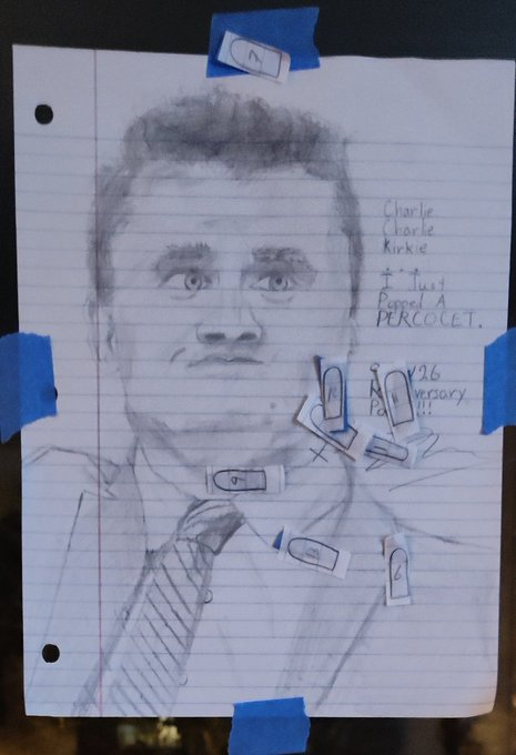 PistachiRyo's tweet photo. @boimoder I need to start drawing to be more feminine but the only thing i can draw is hyperrealistic charlie kirk pin the bullet art https://t.co/RK3PObyfao