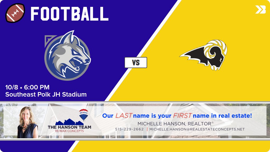 SEPolkRams's tweet photo. Football (9th) Game Day! - Check out the event preview for the The Southeast Polk Rams vs The Waukee Northwest Wolves. It starts at 6:00 PM and is at Southeast Polk JH Stadium. https://t.co/MsKVDX1zVS