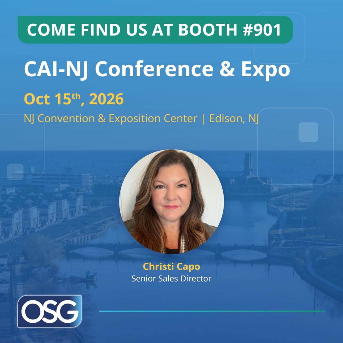 ConnectwithOSG's tweet photo. Heading to the CAI-NJ Conference &amp; Expo! Find us at Booth #901 on Oct 15 in Edison, NJ. Stop by to meet Christi Capo &amp; see how OSG CommunityConnect™ simplifies billing, payments, &amp; resident communications. One partner. End to end. #CAINJ #HOA #PropertyManagement #OSG #CCM #CXM https://t.co/1BfoIhMCgC