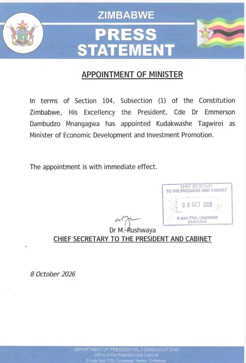 Victorally03's tweet photo. Dr Kudakwashe Tagwirei appointed Minister of Economic Development and Investment Promotion by His Excellency The President of the Republic of Zimbabwe Dr ED Mnangagwa https://t.co/I25U4Q3cds