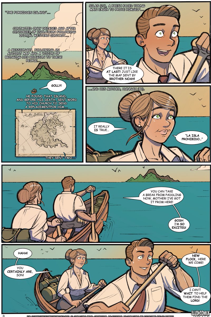 slushcomix's tweet photo. Five pages of a brand spankin' new #taboo #milf #nsfwcomic up ONLY on the Subscribestar (link in bio)! "Missionary Position" is about a #momson missionary team sent to a remote island where they have *very* different ideas of sin... Here's the first two pages as a preview! https://t.co/BI6W5UdPlz