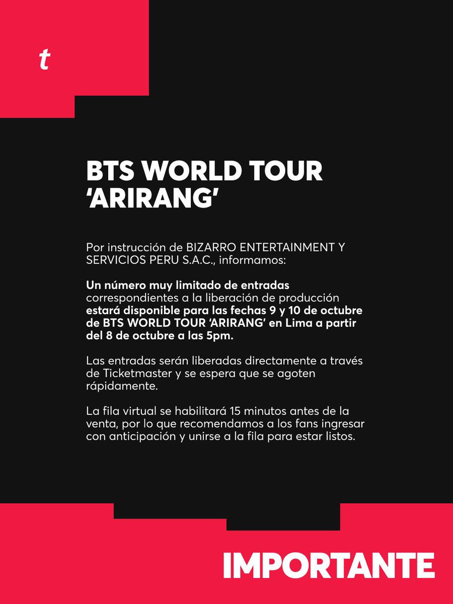 conciertosperu's tweet photo. 🚨 Nuevo stock limitado de entradas será liberado para las fechas del 9 y 10 de octubre de BTS WORLD TOUR ‘ARIRANG’ en Lima.

🎫 Las entradas estarán disponibles a la venta el día de hoy, jueves 8 de octubre, a las 5pm a través de Ticketmaster https://t.co/m3u6jAnVsu