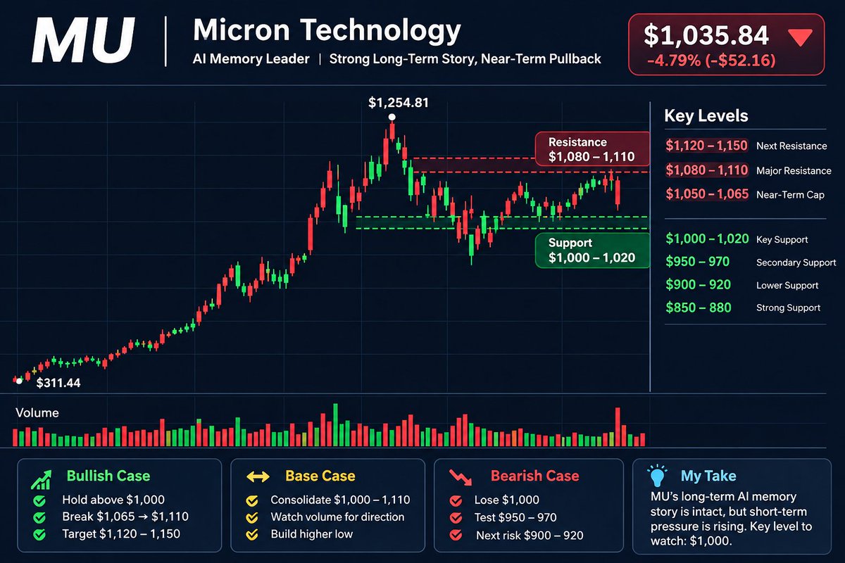 ⚠️ $MU — WATCH THE MEMORY CYCLE

MU rallied from a $311.44 chart low to $1,254.81 before pulling back.

Latest snapshot: $1,035.84.

My view: Even strong semico