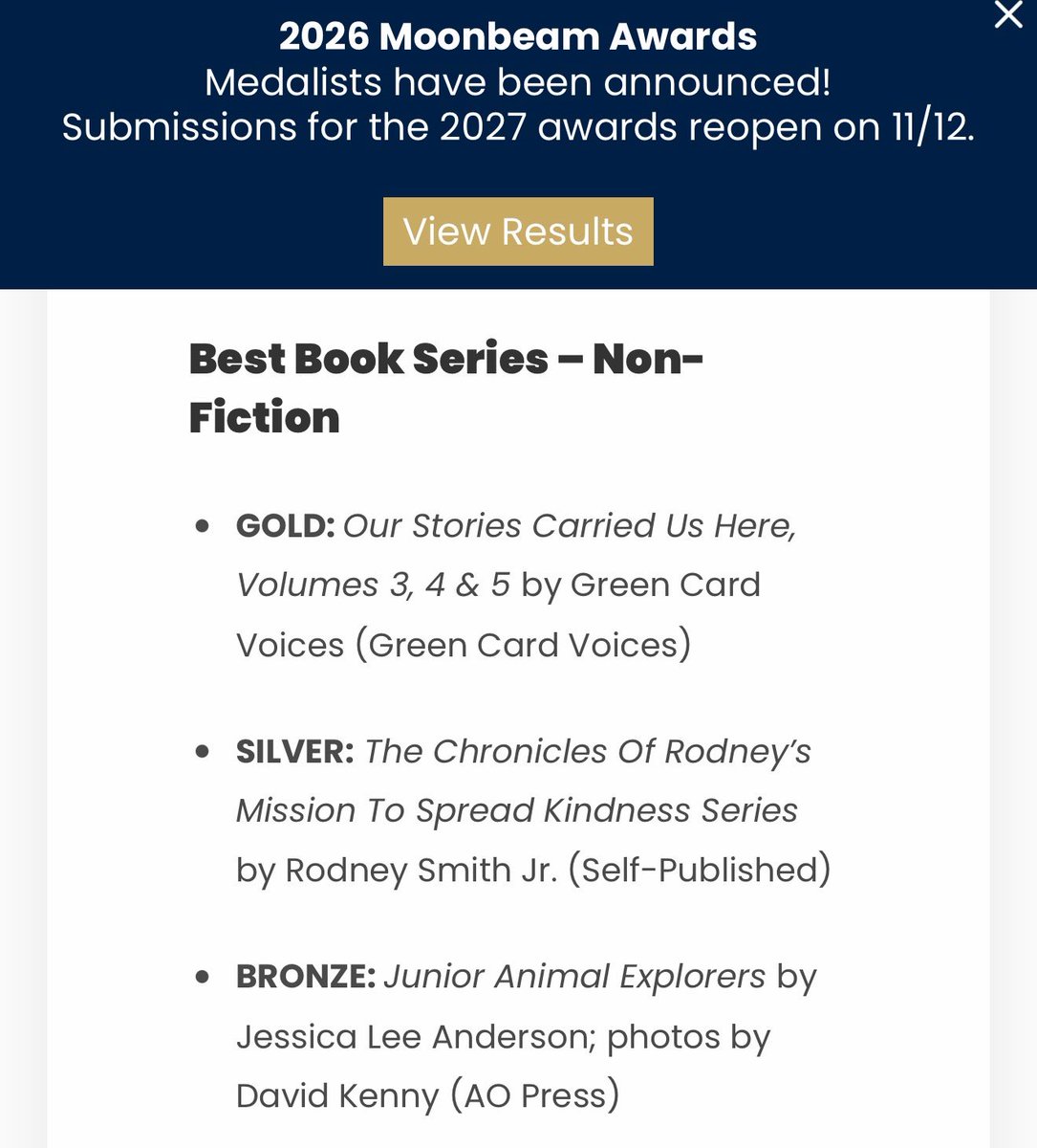 iamrodneysmith's tweet photo. I’m so happy to announce that my books have won another award! 🏆❤️

My first three children’s books, which are part of a series inspired by my life and journey, have earned the Silver Medal (Second Place) for Best Nonfiction Book Series at the 2026 Moonbeam Children’s Book Awards!

What makes this recognition even more special is that these awards receive submissions from authors and publishers around the world. To have our books recognized on this level is truly an honor. I never imagined that one day, my life story and the mission of spreading kindness, one lawn at a time, would become award-winning children’s books.

A huge shout-out to my wonderful illustrator, Valeria, for bringing these stories to life through her beautiful artwork. Your talent has helped turn my memories and experiences into something children and families can enjoy for years to come. None of this would be possible without you. Thank you, Valeria! ❤️

Another reminder that you never know how far a simple act of kindness can go. 💚
